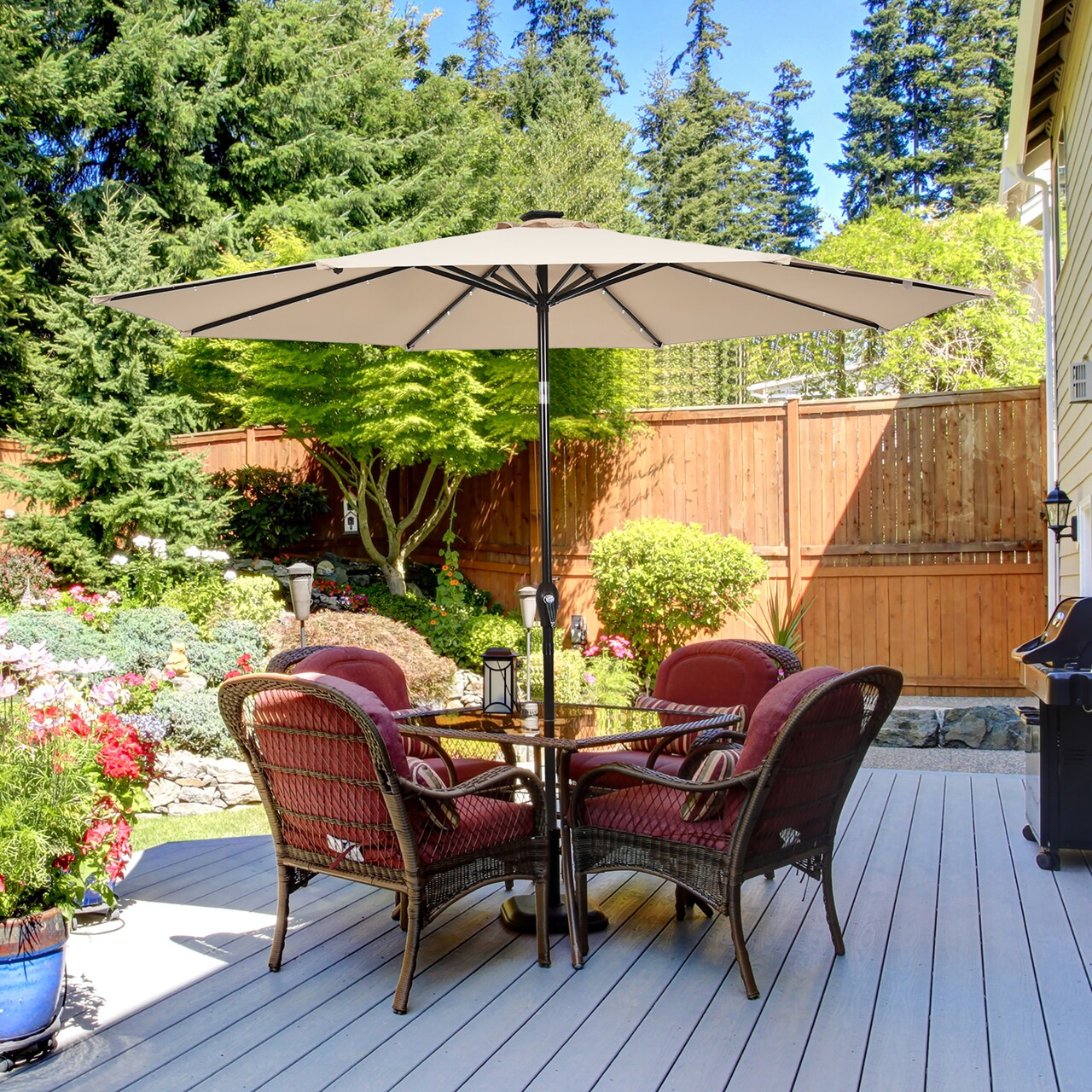Costway 10' Solar LED Lighted Patio Market Umbrella Shade Tilt Adjustment Crank Tan/Beige/Blue/Navy/Burgundy/Gray